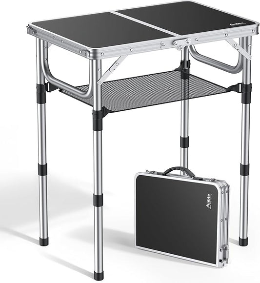 Folding Camping Table, Aluminum 24" x 16" Adjustable Height Small Folding Table with Carrying Handle, Lightweight, Portable Camping Table Waterproof for Outdoor Indoor Picnic Beach BBQ (Black)