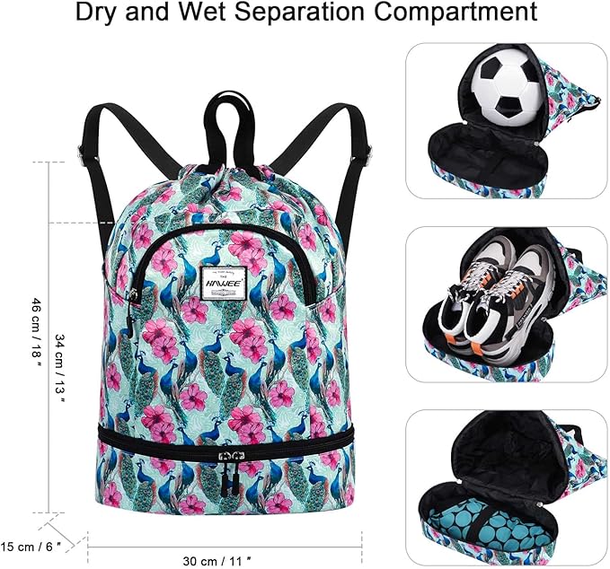 Dry Wet Drawstring Backpack with Shoe Compartment for Women Adjustable Gym Bag