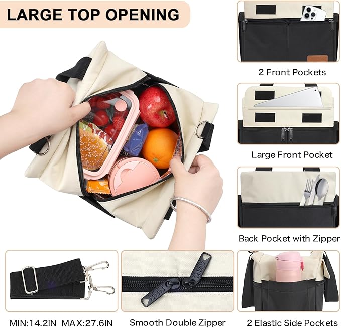 Joymee Lunch Box for Men Insulated Lunch Bag Women with Shoulder Strap Reusable Leakproof Large Spacious Lunch Cooler Tote for Women Adult with Bottle Holder and Side Pockets for Work - Black