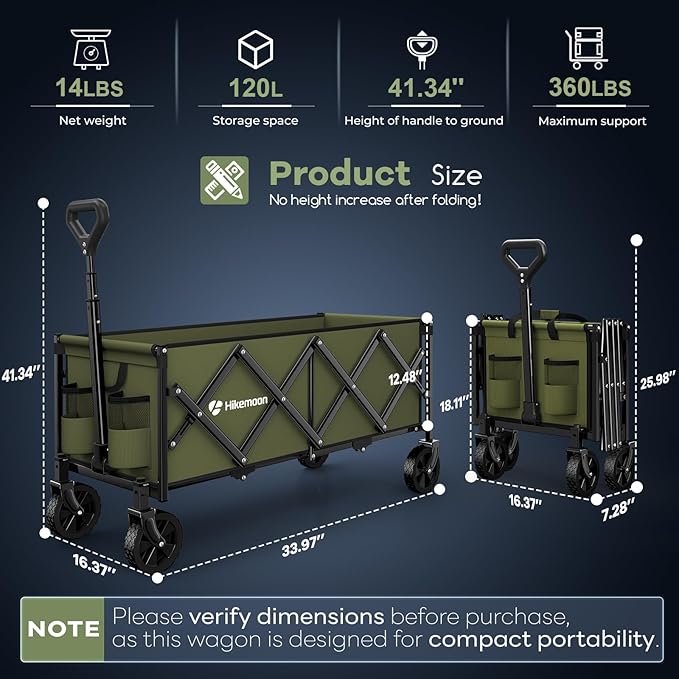 34'' Extra Long Collapsible Wagons Carts Foldable, 360LBS Heavy Duty Folding Beach Wagon with Wheels, Portable Utility Outdoor Cart for Grocery, Garden, Sports, Camping, Green