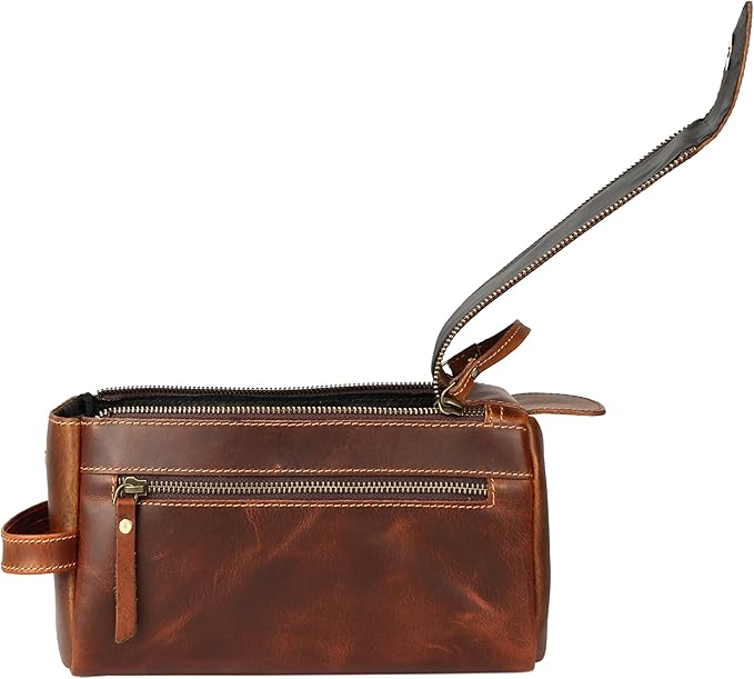 KomalC Premium Buffalo Leather Unisex Toiletry Bag Travel Dopp Kit