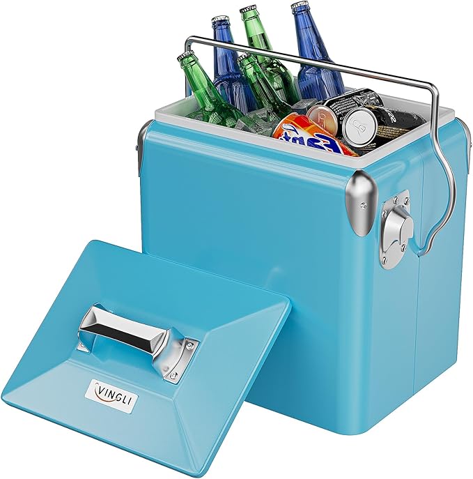 VINGLI 14qt Small Insulated Portable Cooler, Retro Vintage Classic Style Hard Metal Cooler for Barbeques, Camping, Fishing and Picnics