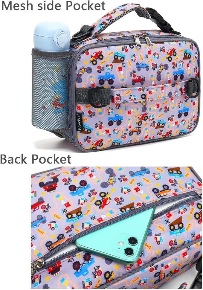 FlowFly Kids Lunch Bag, Durable Insulated School Lunch Box with Shoulder Strap and Bottle Holder, Water-resistant Thermal Small Lunch Cooler Tote for Teen Boys & Girls,Truck