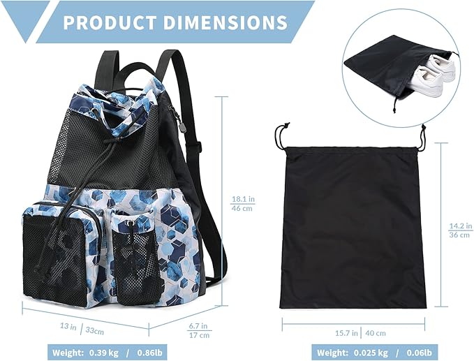 Lohol Large Mesh Drawstring Backpack with Shoe Bag, Durable Swimming String Sack with Handle for Sports Gym Yoga Beach Travel