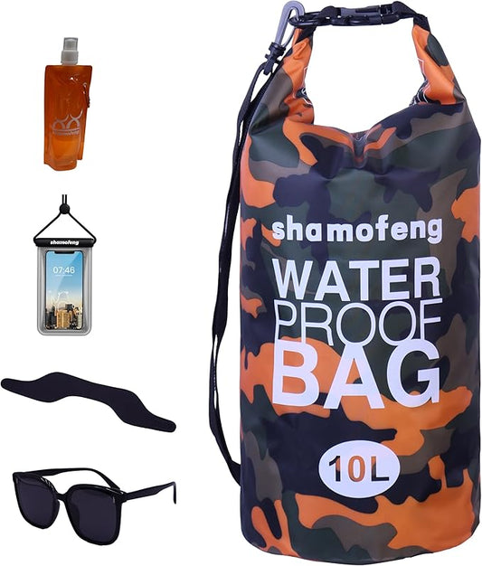 Waterproof Dry Bag Combo 5-30L Roll Top Dry Storage Bag Backpack for Kayaking Boating Beach Camping Travel Fishing, w/Phone Case & Collapsible Water Bottle & Sunglasses & Ear Band,Orange 20L