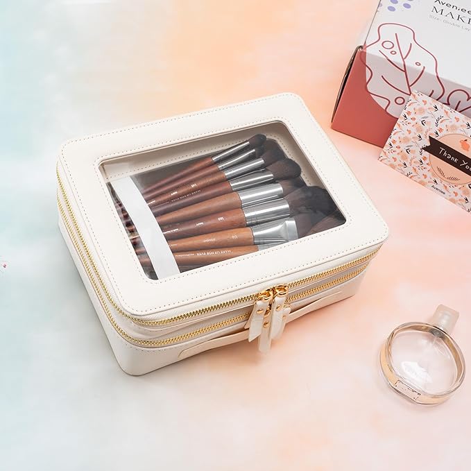 Aveniee Clear Makeup Bags, Double Layer Cosmetic Case with Separate Brush Compartment, Large Toiletry Organizer for Women, Travel Accessories Holder(2 Layers Large, White)