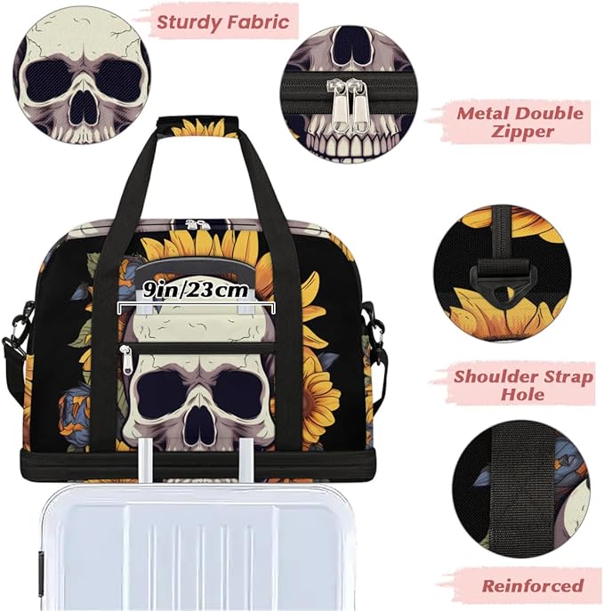 cfpolar Woman Travel Duffel Bag Sunflower Flower Skull Foldable Tote Carry On Luggage Sports Gym Bag With Shoe Compartment Overnight Weekend Yoga Workout Bag Training Handbag