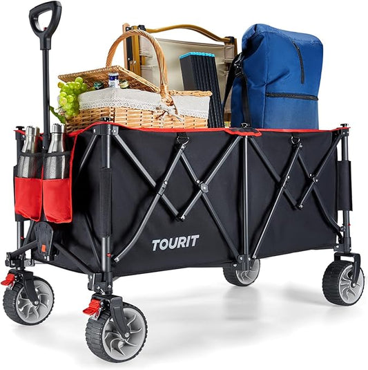 TOURIT 260L Collapsible Foldable Wagon with 330lbs Weight Capacity, Heavy Duty Folding Utility Garden Cart, Beach Wagon with Big Wheels & Drink Holders, Black