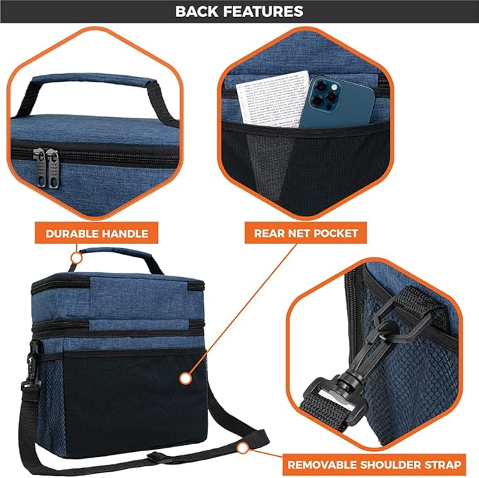 opux Insulated Lunch Bag for Men Women, Large Dual Compartment Cooler Bag, Soft Two Deck Lunch Box for Work School Picnic, Leakproof Lunch Tote with Shoulder Strap for Kid Adult (Navy, Double Deck)