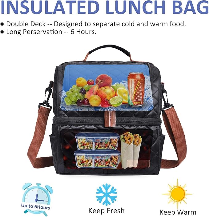 LOKASS Lunch Bags for Women Double Deck Insulated Lunch Box Large Cooler Tote Bag with Removable Shoulder Strap Wide Open Thermal Meal Prep Lunch Organizer for Men Adults Work Picnic, Black-Square