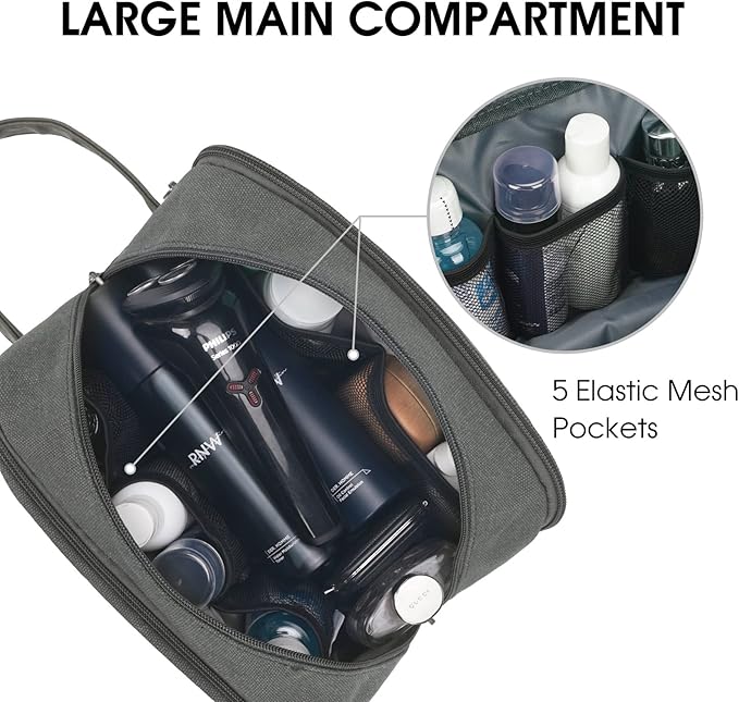 WANDF Travel Toiletry Bag for Men Large Toiletries Shaving Bag Water Resistant Hanging Dopp Kit Travel Accessories Bag for Women Men (Grey)