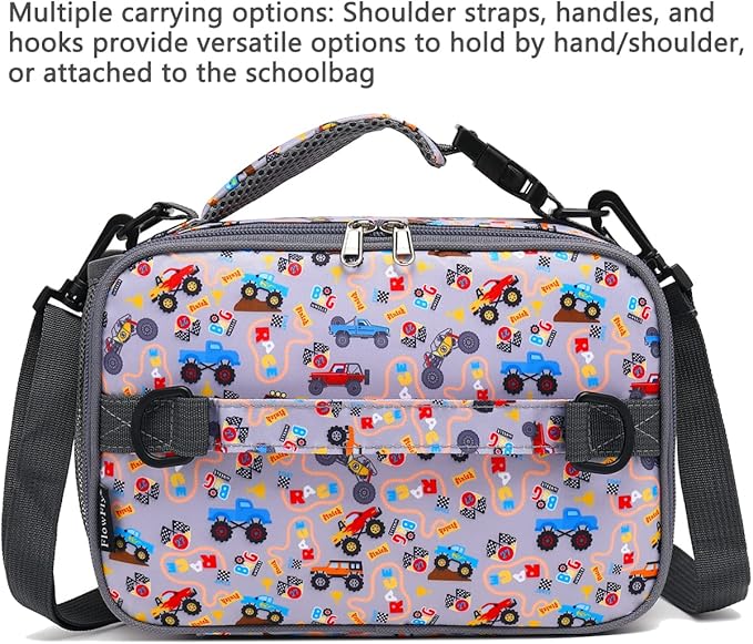FlowFly Kids Lunch Bag, Durable Insulated School Lunch Box with Shoulder Strap and Bottle Holder, Water-resistant Thermal Small Lunch Cooler Tote for Teen Boys & Girls,Truck