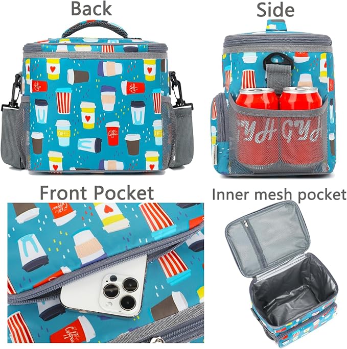 Insulated Lunch Bag for Adult/Women/Men, Reusable Large Lunch Box Cooler Soft Leakproof Tote, Thermal Meal Prep Lunch Pail with Adjustable Shoulder Strap for School/Travel/Office, Cup