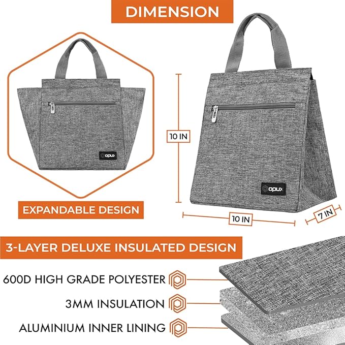 opux Lunch Bag for Women, Insulated Lunch Box Tote for Girls Kids Adult School Work, Reusable Womens Lunch Tote for Office Travel, Cute Small Lunch Tote, Fits 12 Cans - Heather Gray
