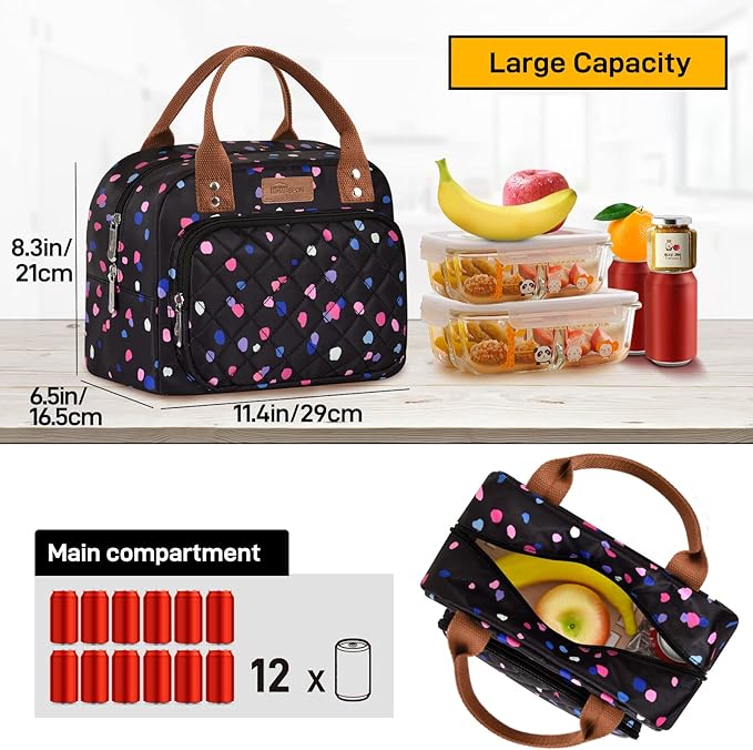 Buringer HOMESPON Lunch Bag for Woman Man Adults with Front Pocket Insulated Lunch Tote Lunch Box Container for Work Picnic or Travel（Multi Dots）
