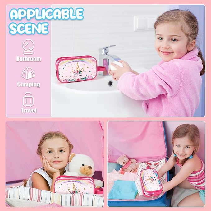 WAWSAM Rainbow Pink Toiletry Bag - Travel Toiletry Bag for Kids Girls Christmas Birthday Gift Camping Toiletry Case Toiletries Makeup Cosmetic Pouch Pink Water-resistant Wash Bag Dopp Kit with Pocket