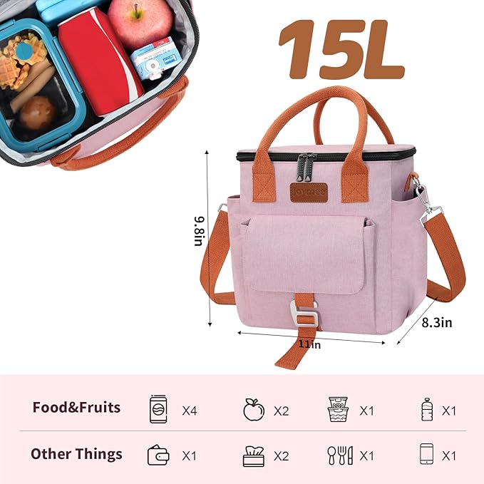 Joymee Insulated Lunch Bag for Women/Men, Waterproof Lunch Box for Office Work Picnic Beach, Reusable Large Leakproof Cooler Tote Bag with Adjustable Shoulder Strap & Side Pocket, Pink