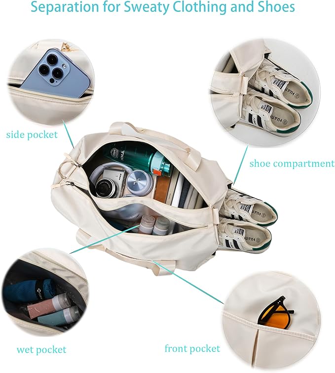 Women Gym Bag with Separation for Wet and Dry, Shoe Storage, Waterproof Travel Duffle Bag for Gym, Swimming, Yoga, Sports (Beige)