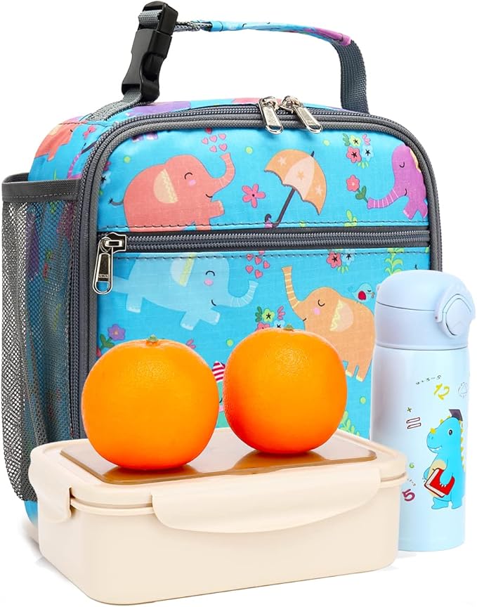 FlowFly Kids Lunch box Insulated Soft Bag Mini Cooler Back to School Thermal Meal Tote Kit for Girls, Boys, Elephant