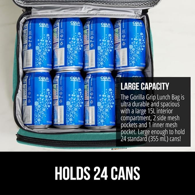 GORILLA GRIP Reusable Insulated Lunch Box Bag for Women Men, 15L, Leakproof XL Soft Cooler Bags, Multiple Compartments, Mesh Pockets and Adjustable Strap, Food Tote Keeps Drinks Cold, 13x9, Turquoise