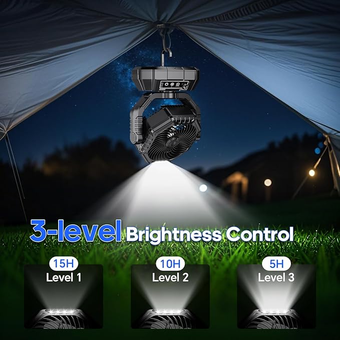 Portable Fan Rechargeable, 20000mAh Battery Powered Fan, LED Light, Remote Controller, Dual-Blade, 90°/270° Swing, 1-3H Timer, Battery Operated fan For Travel Tent Camping Bedroom Office Beach Fishing