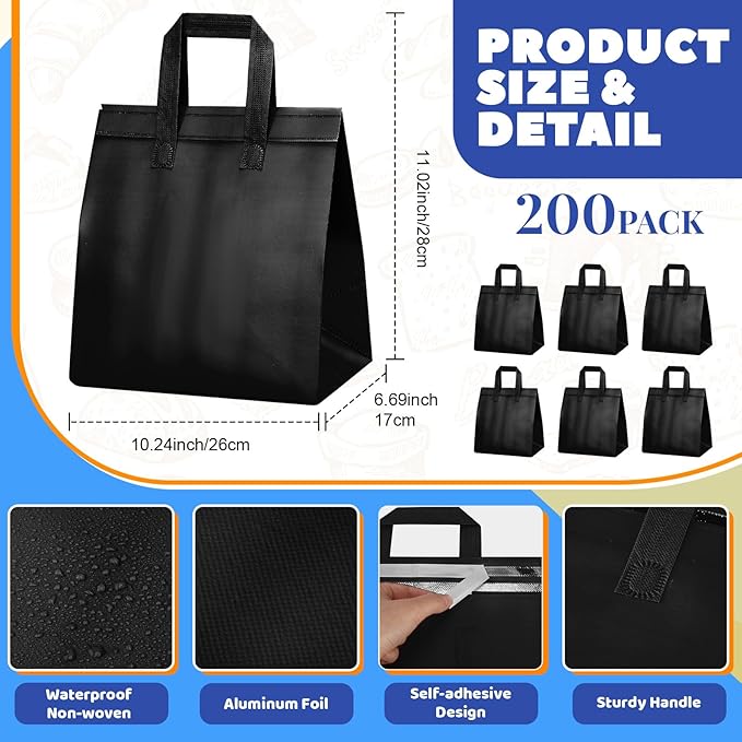 Hushee 200 Pcs Insulated Take out Bags Bulk Thermal Insulation Take Away Bags Disposable 10.24x11.02x6.69 Inch for Grocery Lunch Hot Cold Frozen Food Delivery Shipping Cooler(Black)