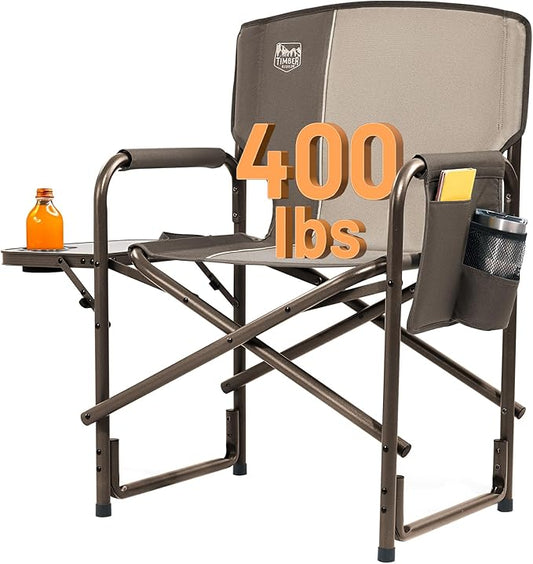 TIMBER RIDGE Aluminum Oversized Camping Chair, Lightweight Portable Directors Chair with Side Table Detachable Side Pocket for Outdoor Camping, Lawn, Picnic, Support 400lbs Tan