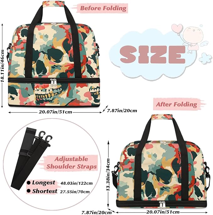 cfpolar Woman Travel Duffel Bag Camo Skull Foldable Tote Carry On Luggage Sports Gym Bag With Shoe Compartment Overnight Weekend Yoga Workout Bag Training Handbag