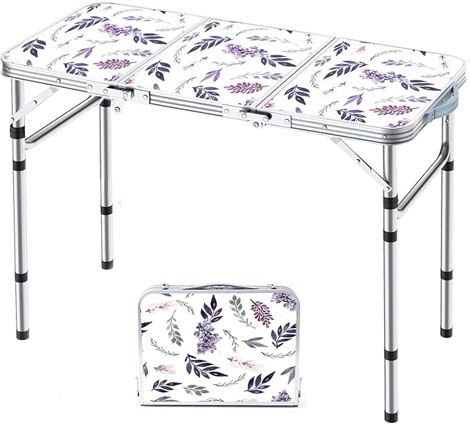 Folding Camping Table 3ft Portable Pinic Table Adjustable Height Small Card Table Aluminum Foldable Lightweight with Carry Handle for Outdoor Indoor Hiking Camp BBQ Beach (Misty Lilac)