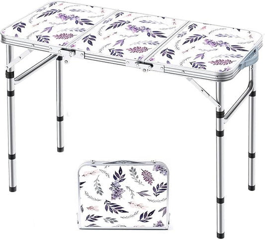 Folding Camping Table 3ft Portable Pinic Table Adjustable Height Small Card Table Aluminum Foldable Lightweight with Carry Handle for Outdoor Indoor Hiking Camp BBQ Beach (Misty Lilac)