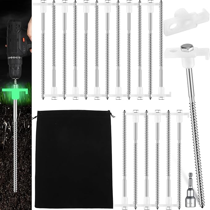 Tandefio 10 Pcs 8 Inch Screw in Tent Stakes Heavy Duty Drill in Ground Anchor Pegs Metal Stakes Screws Hex Pegs Drillable Camping Threaded Tent Spike with Hex Head Driver (Illuminant White)