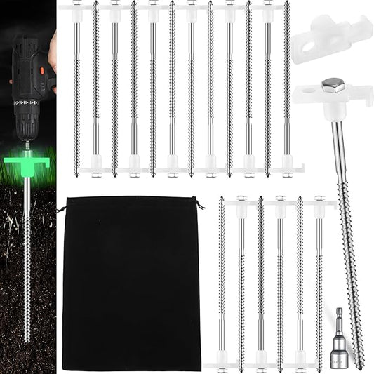 Tandefio 10 Pcs 8 Inch Screw in Tent Stakes Heavy Duty Drill in Ground Anchor Pegs Metal Stakes Screws Hex Pegs Drillable Camping Threaded Tent Spike with Hex Head Driver (Illuminant White)