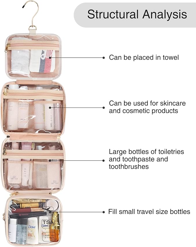 Travel Makeup Bag Hanging Toiletry Bag for Women Men TSA Approved Clear Bag Toiletries Waterproof Cosmetic Bag Toiletry Bag Travel Toiletry Organizer for Bathroom Shower, Beige