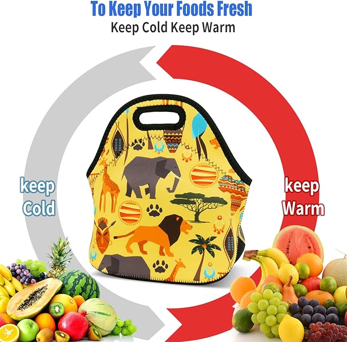 Violet Mist Women's Cute Neoprene Lunch Bag, Animal Patterned, Reusable, Insulated, 11.42"L x 10.43"H x 5.51"W, Eco-Friendly, Lightweight, Keeps Food Warm or Cold for 2-42 Hours