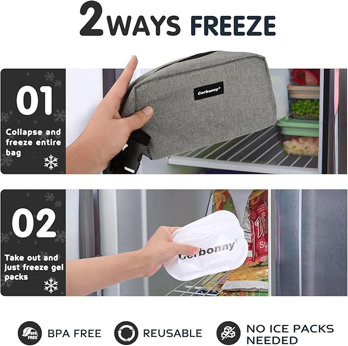 Cerbonny Cooler Bag Freezable Lunch Bag for Work School Travel,Leak-proof Small Lunch Bag,Small Insulated Bag For Kids 3+/Adults,Freezer Lunch Bags,Freezable Snack Bag,Grey