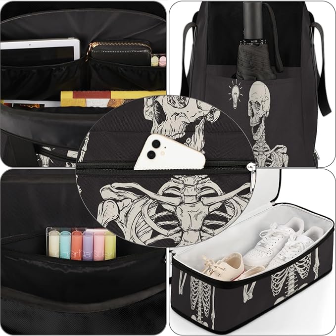 Black Skull Human Skeleton Foldable Travel Duffel Bag Sports Tote Gym Bag With Shoe Compartment For Woman Man Carry On Luggage Overnight Travel Weekend Yoga Workout Bag Training Handbag