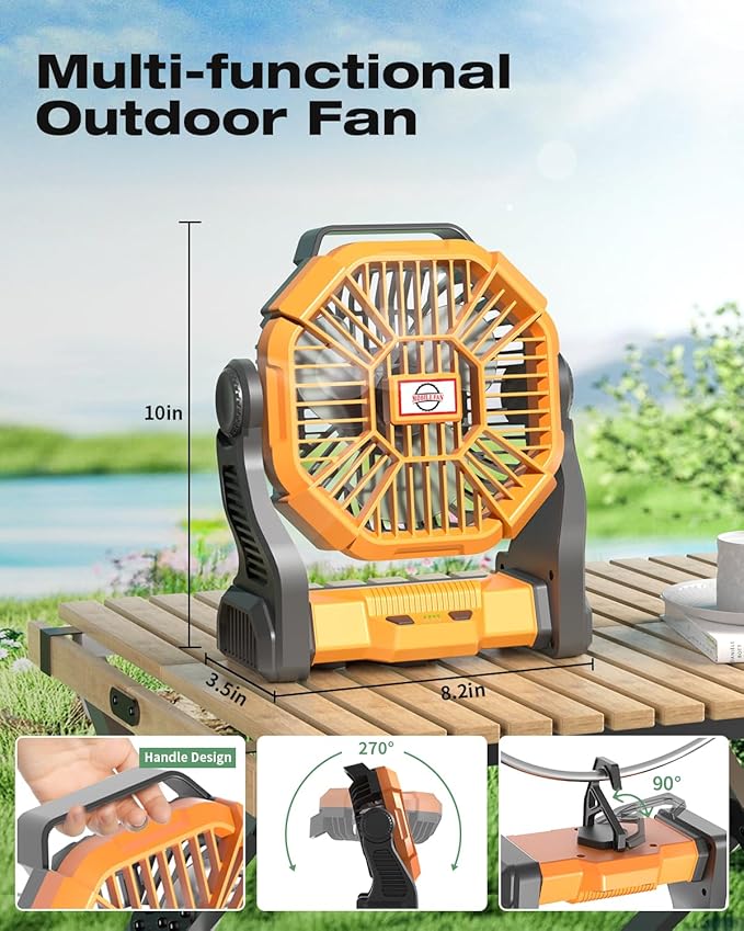 Portable Battery Operated Fan with LED Lantern, 20000mAh Outdoor Small Rechargeable Quiet Camping Fan, Personal Desk Fan Cooling Table Fan with Hanging Hook for Picnic Barbecue Fishing Travel (Orange)