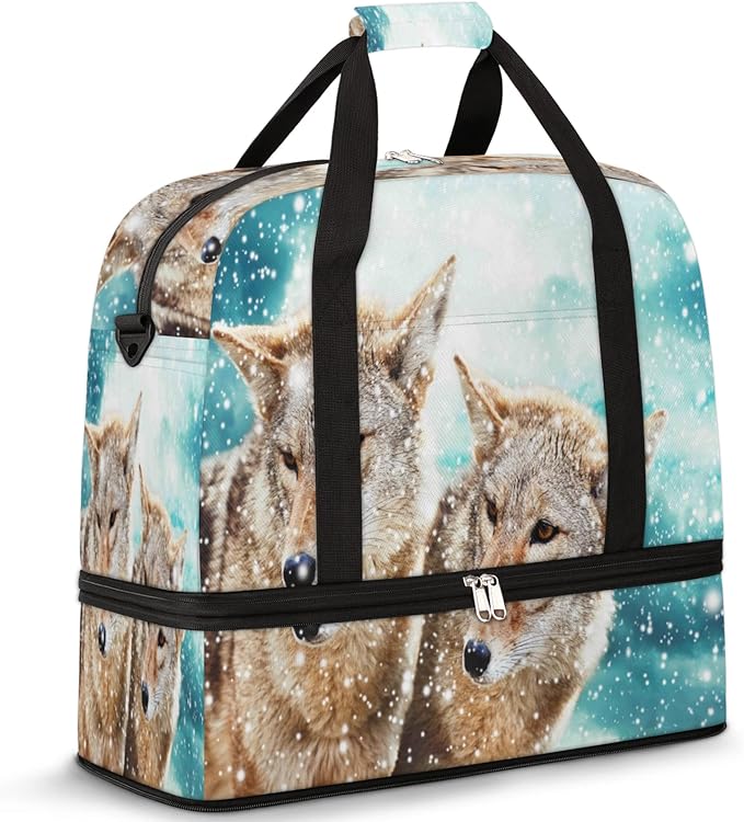 Wolf Snow Foldable Travel Duffel Bag Tote Carry On Luggage Sports Gym Bag With Shoe Compartment For Woman Man Overnight Weekend Yoga Workout Bag Training Handbag