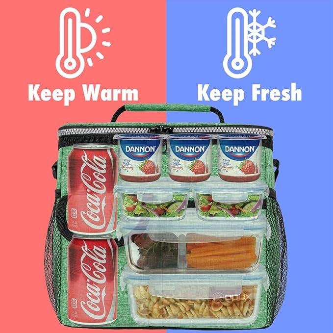 opux Insulated Lunch Bag for Men Women, Leakproof Heather Green Lunch Box for Work, Portable Soft Lunch Cooler Bag with Shoulder Strap, Adult Lunchbox Lunch Pail for Kid Boy Girl School, 18 Can/10L