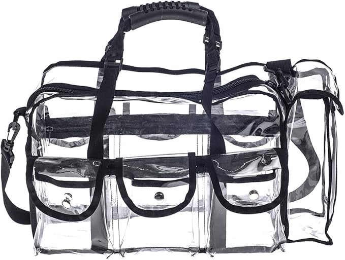 Professional Clear PVC Makeup Kits Organizer Make up Set Bag MUA Carry All Artist Transparent Vinyl Travel Cosmetic Bag with 6 External Pockets & Tissue Holder