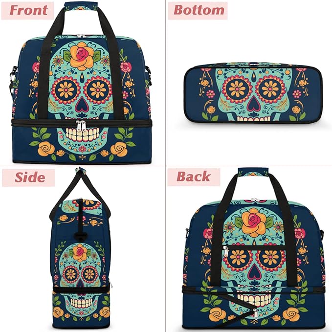 cfpolar Woman Travel Duffel Bag Mexican Skull Foldable Tote Carry On Luggage Sports Gym Bag With Shoe Compartment Overnight Weekend Yoga Workout Bag Training Handbag