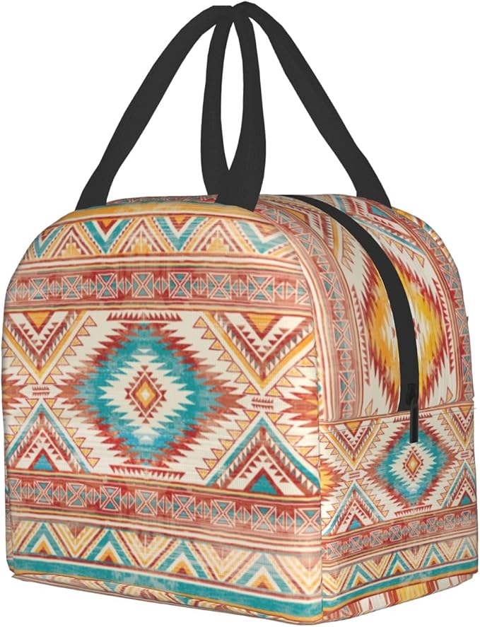 Giwawa Aztec Ethnic Lunch Box Native American Southwestern Tribal Geometric Thermal Lunch Bag with Front Pocket Insulated Meal Cooler Handbag for Kids Teens Girls Picnic Men Women Work