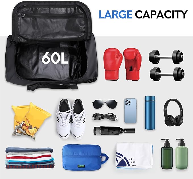 Haimont Travel Duffel Backpack Bag 60L for Men Large Sports Duffle Bags with Backpack Straps for Hiking Camping Gym Workout, Water Resistant, Black