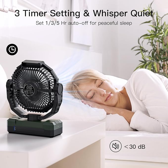 FRIZCOL 3-in-1 Camping Fan - Portable Fans Rechargeable - 12000mAh Battery Powered Fan(70Hrs) with Light & Remote for Indoor, Outdoor, Tent, Travel, BBQ, Fishing, Jobsite - Green