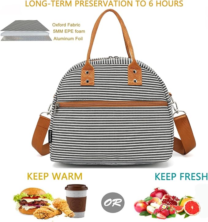 FlowFly Insulated Lunch Bag With Shoulder Strap for Women, Men, and Kids, Large and Reusable, Handle, Freezable Work and School Travel Tote and Meal Prep Organizer,White and Black Stripes