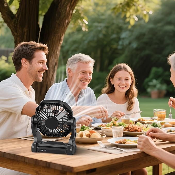 Battery Powered Fan Camping Rechargeable, Portable Outdoor Battery Operated Fan with 4 Light, 270° Pivot, and Hook