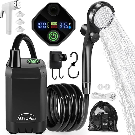 AUTOPkio Portable Camping Shower, Rechargeable Camp Shower Pump with USB Cable & Electric Outdoor Shower Head Sprayer for Camping, Hiking, Pet Bathing, Washing