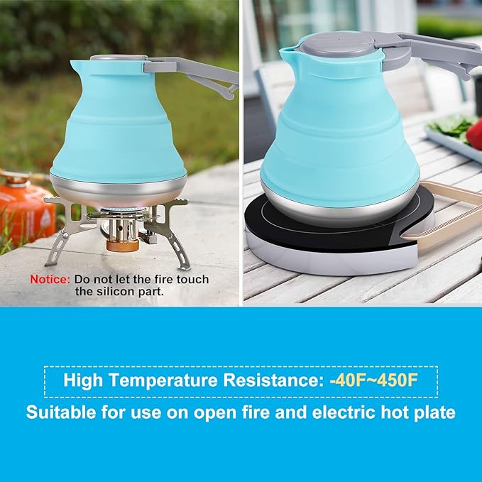 Portable Collapsible Camping Kettle, 1.5L/ 52OZ Foldable Silicon Coffee Pot for Outdoor Camping, Hiking, Traveling, with 1 Collapsible Bowl and 2 Collapsible Cups, Excellent Gift