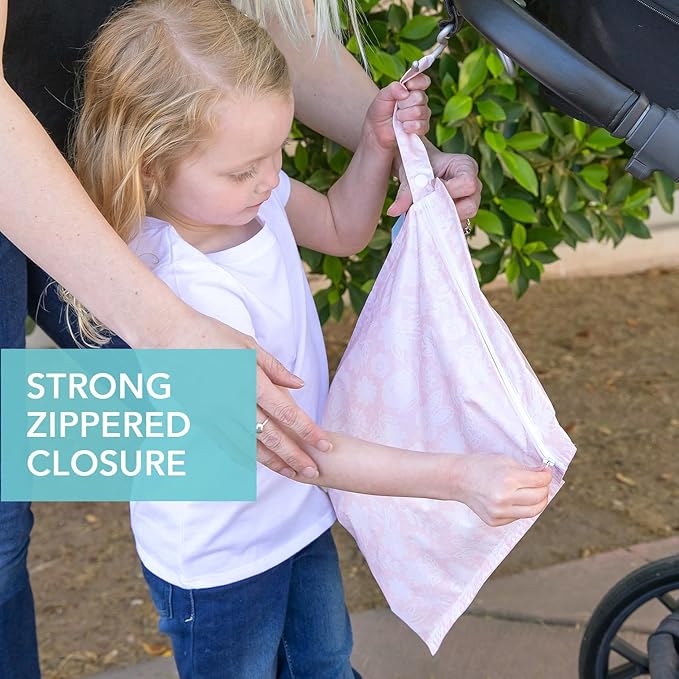 Bumkins Waterproof Wet Bag for Baby, Travel, Swim Suit, Cloth Diapers, Pump Parts, Pool, Beach, Gym Clothes, Toiletry, Hook to Stroller, Daycare, Zipper Reusable Wetdry Packing Pouch, Lace Pink