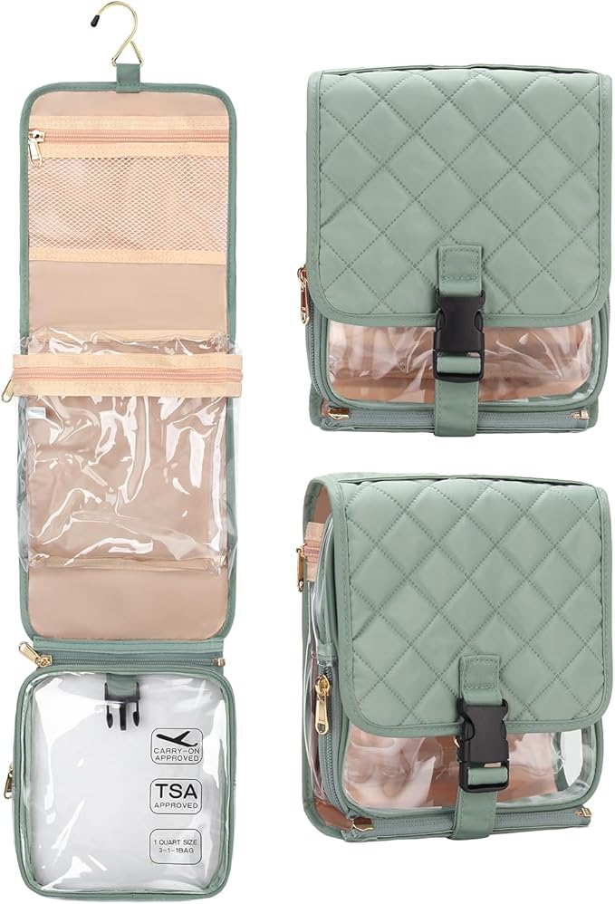Relavel Travel Toiletry Bag for women with Detachable TSA Approved Toiletry Bag, Compact Hanging toiletry bag with Small Carry On 3-1-1 Clear Waterproof Travel Bags for Toiletries (Green, A Small)